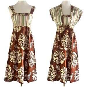 Vintage Jonathan Logan Brown Green Mixed Pattern A-Line Midi Dress Set Womens S